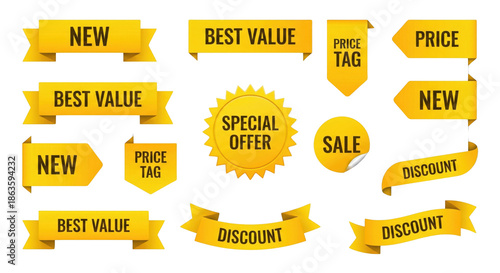 Collection of yellow promotional ribbons stickers and banners for special offers and marketing announcements