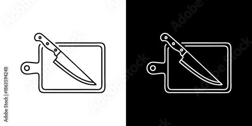 Minimalist outline icon depicting a sharp kitchen chef knife resting on a chopping board, symbolizing food preparation, culinary tools, and cooking utensils