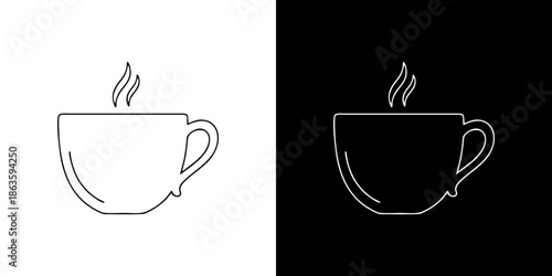 Simple line art illustration of a steaming cup of coffee or tea shown on both black and white backgrounds for a versatile design element