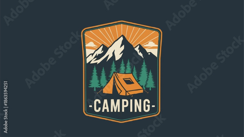Camping adventure emblem with tent mountains and forest.