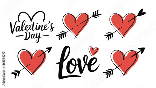 Valentine's Day Love Symbols: An illustration of valentine day themed hearts pierced by arrows, representing the essence of love and romance