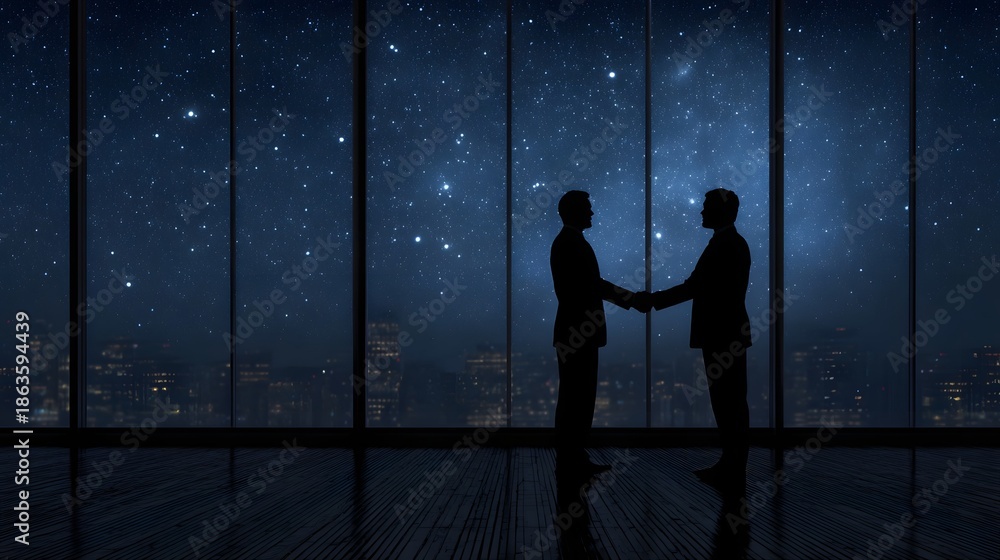 Fototapeta premium Two silhouetted businessmen shake hands in a modern office against a starry night city skyline