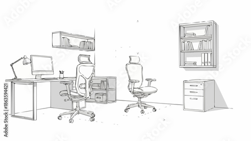 Modern Office Interior Design Sketch with Desks and Chairs.