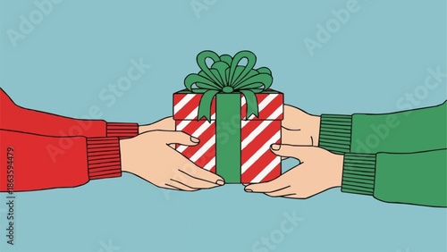 Hands exchanging a festive Christmas gift box with red and white stripes.