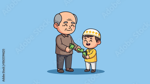 Cartoon old man giving money to a happy Muslim boy wearing a Kufi.