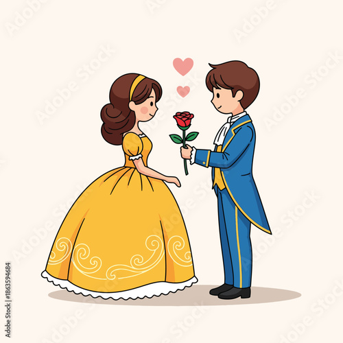 Cartoon Prince Offering Red Rose to Princess in Yellow Gown with Hearts.