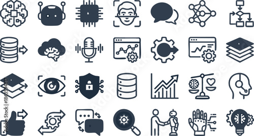 Collection of Modern Minimalist Icons Representing Technology and Data.