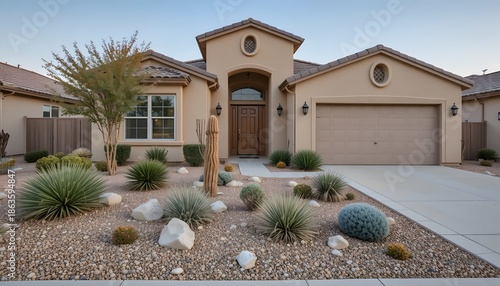 Beautiful desert-style stucco house featuring a water-wise front yard and attached garage. arizona front yard