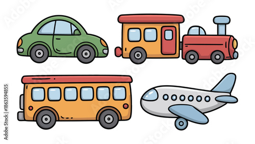 Vehicular Ventures: A whimsical ensemble of transportation modes, each designed with clean lines and a friendly aesthetic, ready to whisk viewers away on journeys of imagination and adventure.