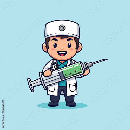 Cute cartoon doctor character in white coat holding a large medical syringe with green liquid.