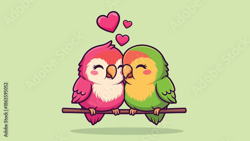 Cute cartoon lovebirds couple on a branch with hearts showing affection.