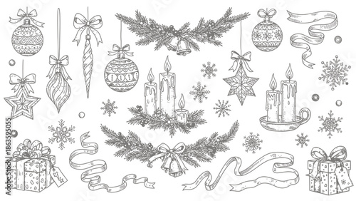 A festive illustration featuring Christmas decorations, gifts, and ornaments in a celebratory arrangement