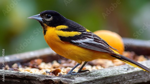 A vibrant great tit with colorful yellow and blue feathers is perched on a green tree branch, showing its beautiful wings and beak as it rests in the wild spring nature
