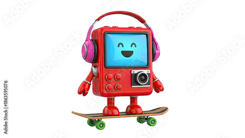 Happy Robot with Headphones Riding a Skateboard