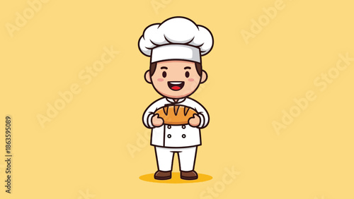Cute Cartoon Male Chef Holding Freshly Baked Loaf of Bread.
