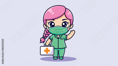 Cute cartoon nurse with pink hair and face mask holding first aid kit.