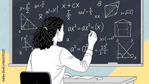 Woman writing mathematical equations on a blackboard in a classroom setting with geometric formulas and graphs with mathematics and education