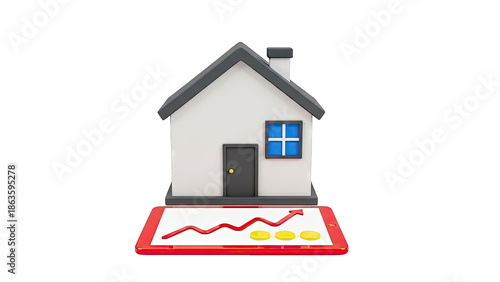 House with growth chart and coins on tablet