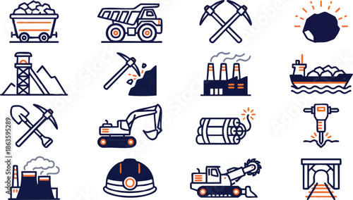 Collection of Industrial Icons Featuring Mining and Manufacturing Symbols.