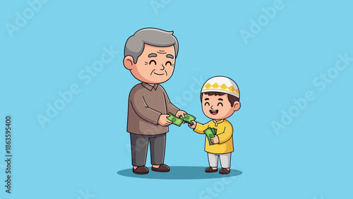 Elderly man giving money to a happy Muslim boy in a kufi.