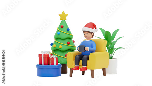 Man in Santa Hat Enjoying Christmas with Tree and Gifts