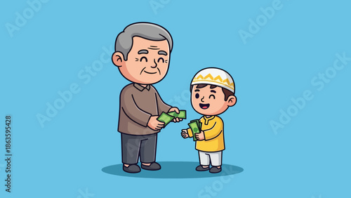 Elderly man giving money to a happy Muslim boy in Kufi cap.