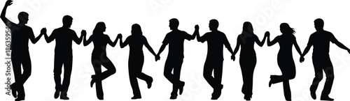 Diverse people silhouettes jumping, dancing, and celebrating together in a row, group of friends expressing joy, success, freedom, and happiness.