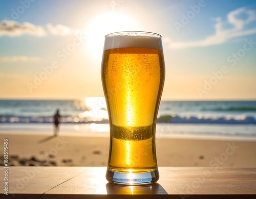Tall glass of golden ale in front of a sunny ocean scene