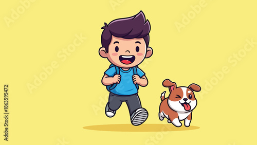 Happy cartoon boy with blue backpack walking alongside a cute small dog.