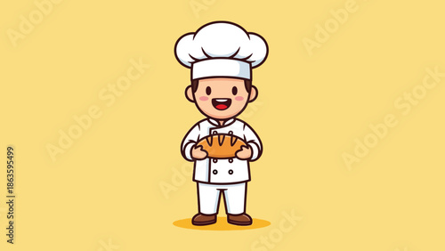 Happy Cartoon Chef Baker Character Holding Fresh Golden Bread Loaf.