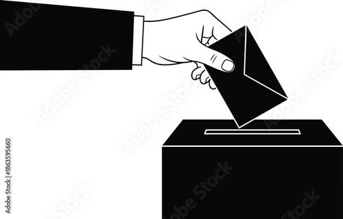 Hand putting voting paper into ballot box silhouette, concept for election, democracy, choice, political campaign, and civil rights isolated illustration.