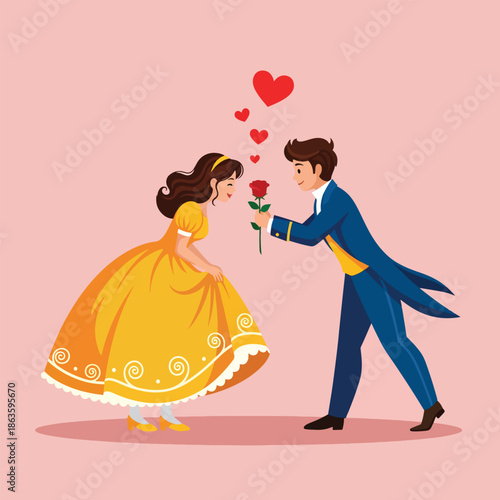 Romantic fairytale couple with man offering red rose to woman in yellow dress.