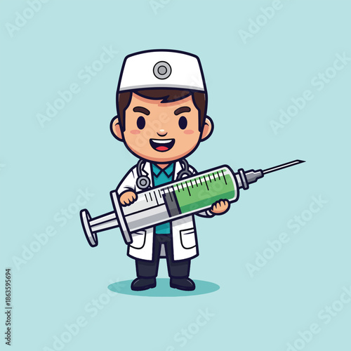 Smiling cartoon doctor in uniform holding a huge medical syringe.