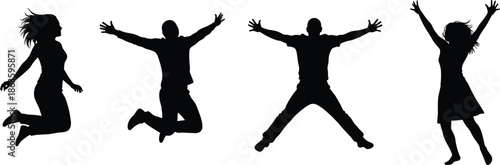 Happy people silhouettes jumping in the air expressing joy, success, and freedom, diverse group of friends celebrating together on white background.