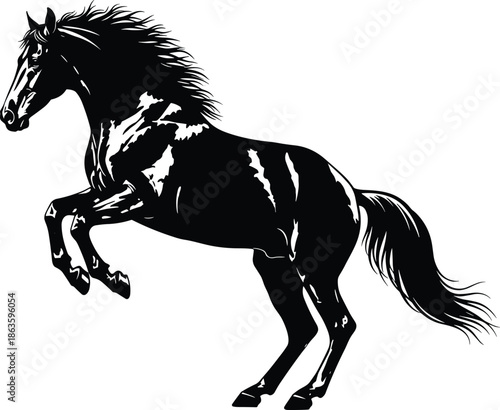 Powerful black horse silhouette rearing up on hind legs, isolated vector illustration of an energetic stallion for equestrian and nature designs.