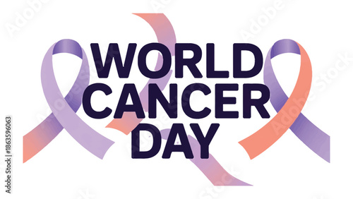 World Cancer Day Emblem: A symbol of solidarity and remembrance, this image features the words World Cancer Day intertwined with ribbons.