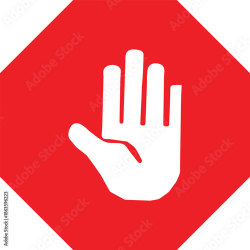 A white open hand symbol on a red diamond background, indicating stop or warning.