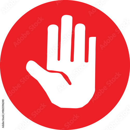 A clear white hand symbol with an open palm inside a vibrant red circle, signifying stop or prohibition.