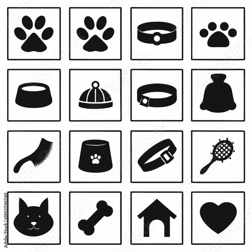 Black icons of pet accessories and symbols on white background