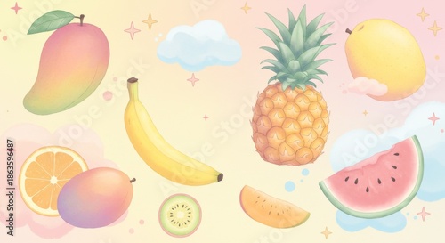 Pastel Tropical Fruit Illustration with Floating Design