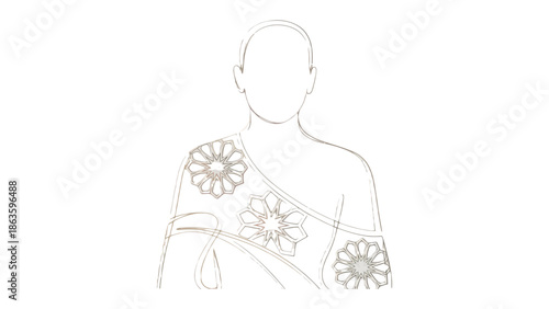 Serene Ascetic's Meditation: A line-art depiction of a peaceful figure, robed and adorned, suggests a deep state of meditation and spiritual contemplation.