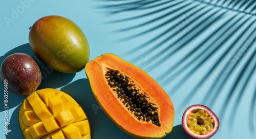 Vibrant Tropical Fruits on Blue Background