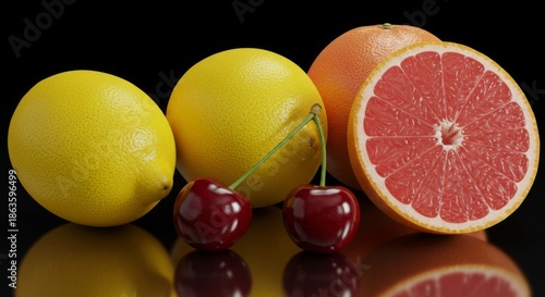 Bright Yellow Lemons Red Grapefruit and Cherries Still Life