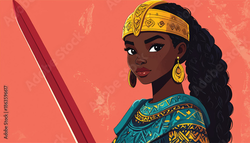 Illustration of a powerful African warrior queen with sword.
