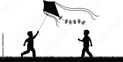 Two young boys silhouettes flying a large kite in a grassy field, enjoying outdoor summer fun, childhood play, and freedom.