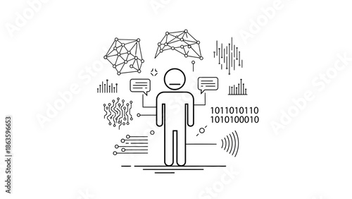 Human Figure Surrounded by Personal Data and Digital Communication on Isolated White Background