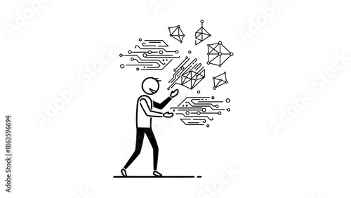 Stick Figure Migrating Digital Data Blocks and Processing Information with Circuit Board Patterns on an Isolated White Background, Concept of Data Management