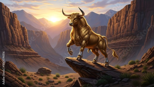 horse in the sunset, Majestic Golden Bull Standing on a Rocky Cliff in a Desert Canyon at Sunset
