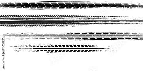 Tire track. Car, bike, motorcycle tyre mark with grunge effect isolated on white background. Wheel footprint on the road. Top view of rubber protector mark. vector