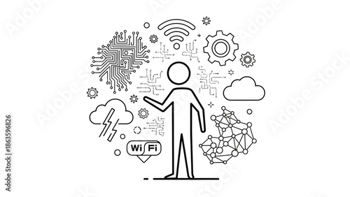 Person Surrounded by Wi-Fi, Cloud, and Network Technology Integration Concepts, isolated white background